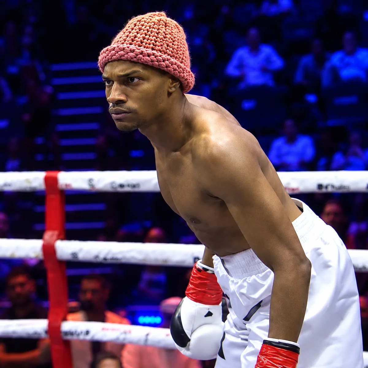 Nigga shirtless in the ring under arena lights, pink hat on