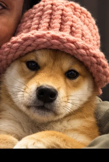 The dog with the pink hat